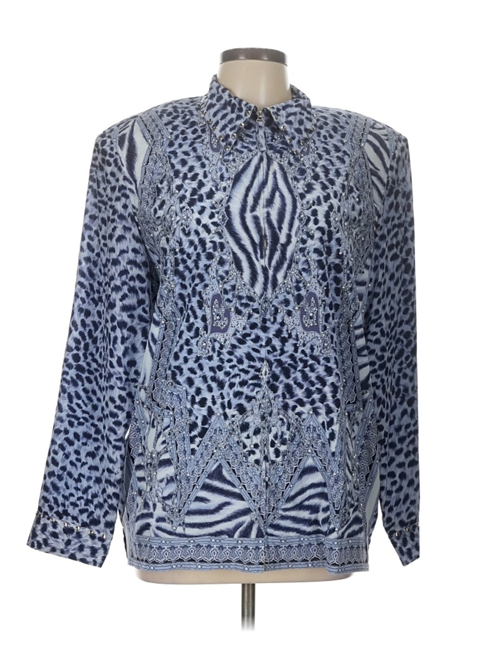 80s Vintage 100% Silk Bomber Jacket Snow Leopard Zebra Animal Print STUDDED Sz L